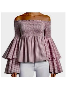 Caroline Constas Appolonia Smocked Off-the-Shoulder Ruffle Bell Sleeve Top